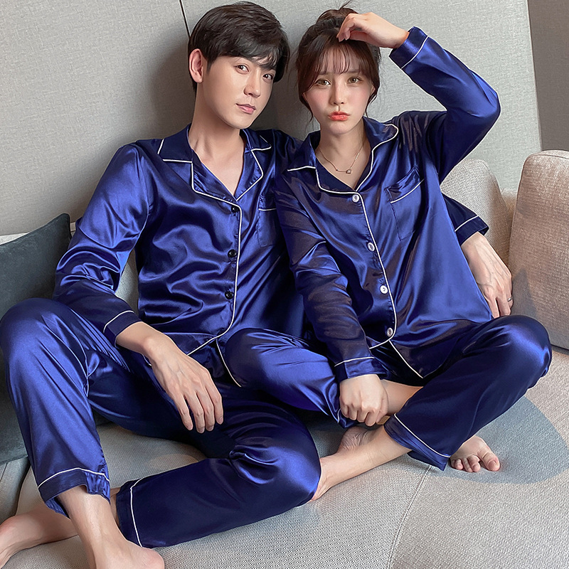Pama Couple Ice Pamas Imitation Silk Long Sleeve Women's Casual Loose Large Men's Home Wear Sleepwear