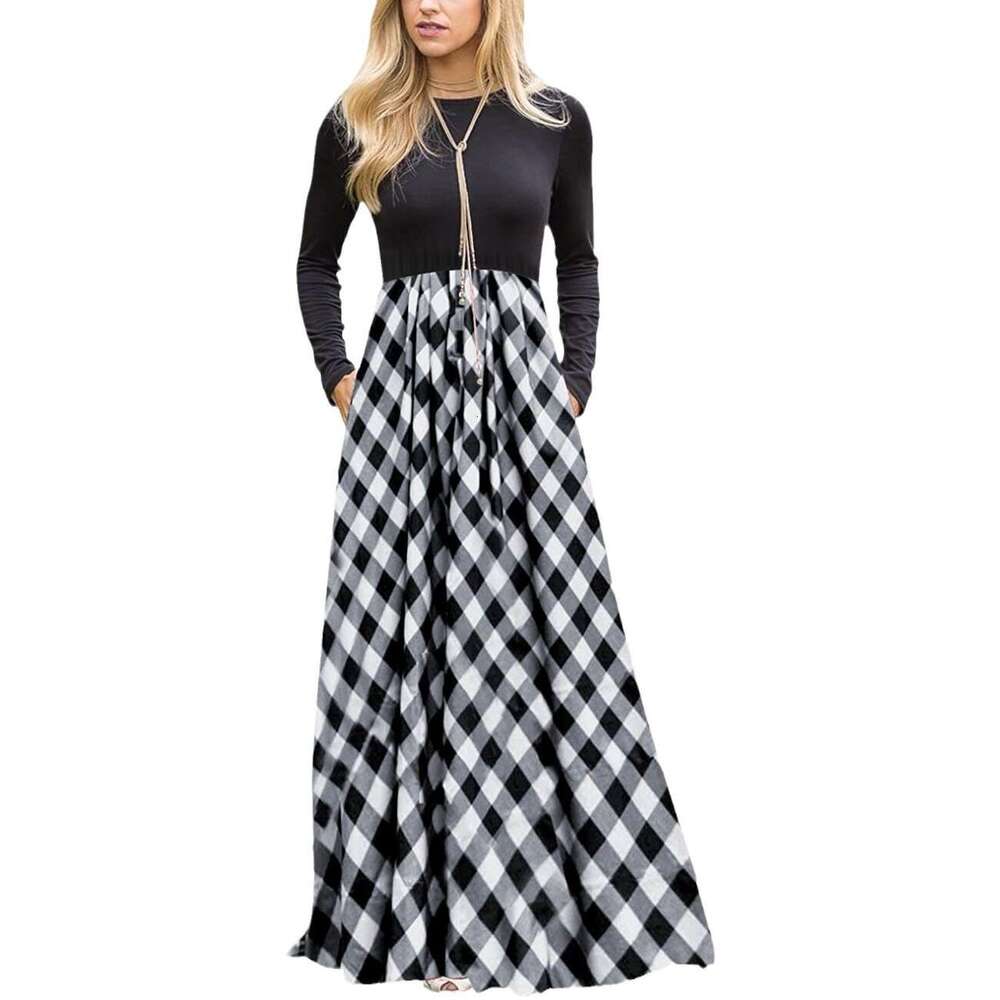 24 Spring Autumn Round Neck Splicing Color Contrasting Grid Pattern Fashion and Leisure Big Swing Long Dress Women's Wear