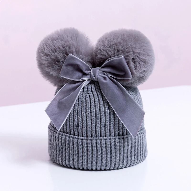 Baby Double Puff Cap Velvet Bow Winter Girls Warm Knitted Thick Ball Children Bean Childrens Hat 240925