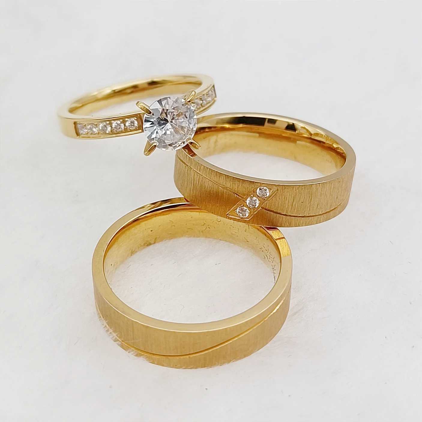 3-piece engagement ring set mens and womens 24k gold-plated jewelry wedding rings W240925