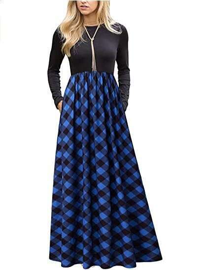 24 Spring Autumn Round Neck Splicing Color Contrasting Grid Pattern Fashion and Leisure Big Swing Long Dress Women's Wear