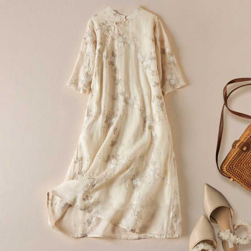 Embroidery Chinese Style Womens Dresses New Cotton Linen FASHION Short Sleeve Summer Women Vintage Loose Clothing Korean M240924
