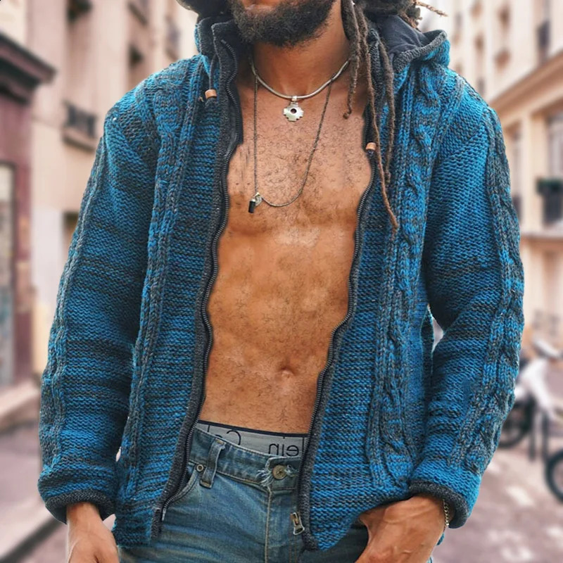 Mens Sweater Outerwear Autumn and Winter Casual Zipper Cardigan Hooded Knit From Europe America 240910