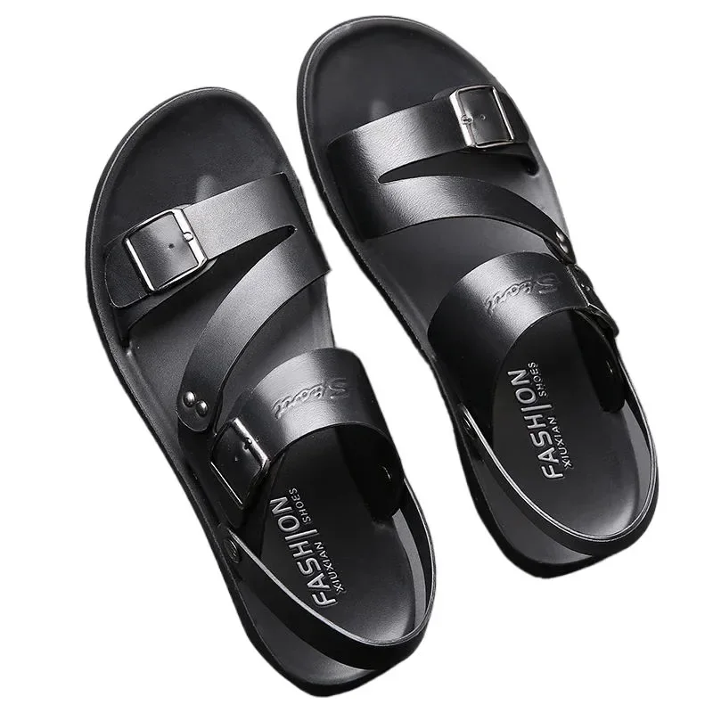 Fashion Comfortable Men's Sandals Solid Color Open Toe Mens Leather Sandals 2024 New Slippers Beach for Male Leather