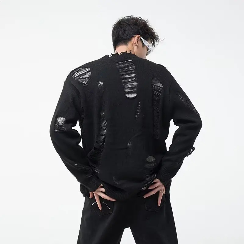 Y2K mens cardigan sweater Japanese Harajuku hole single chest sweater jacket fashionable V-neck streetwear couple high street knitted jacket 240924