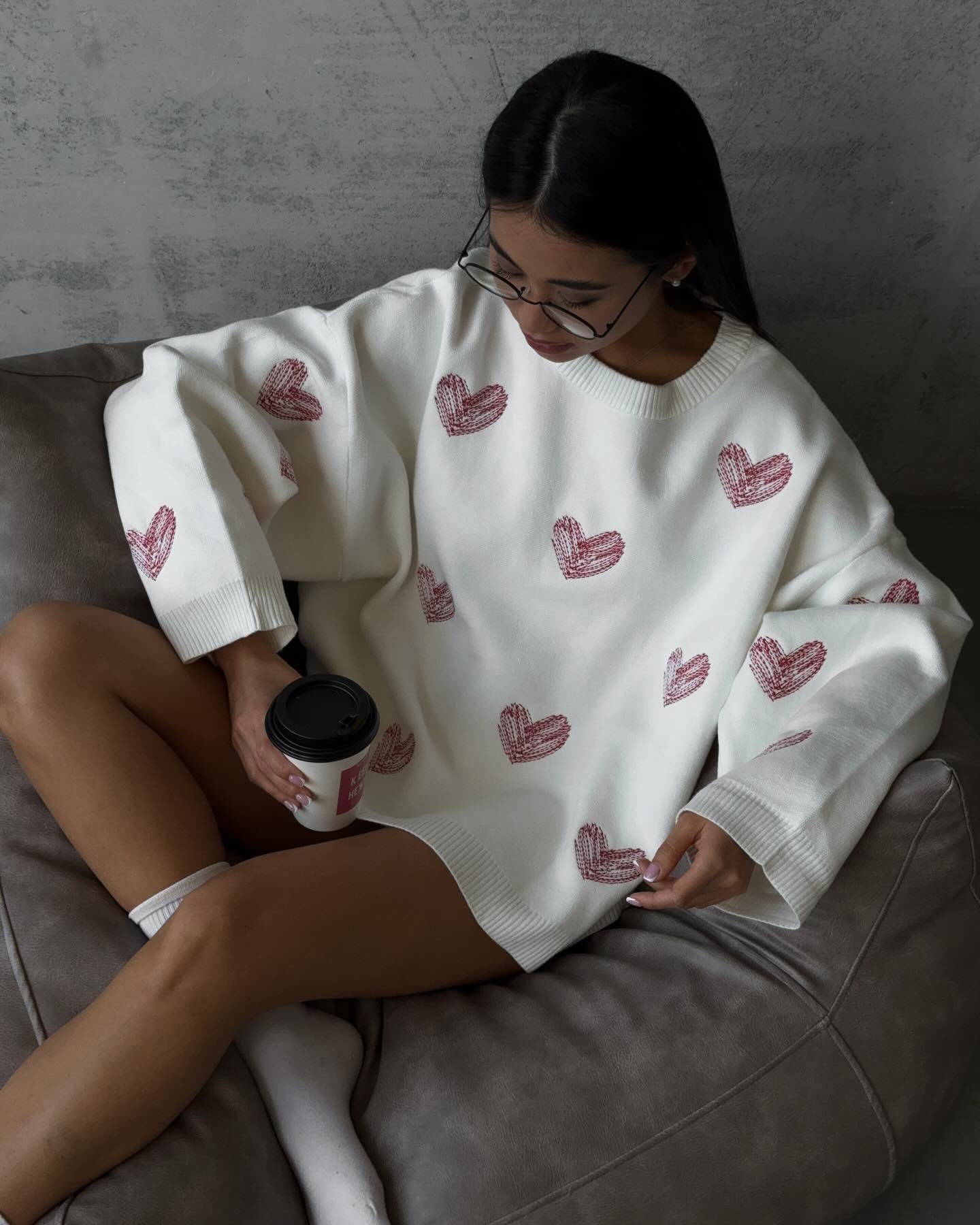 Women's Sweaters Round Neck Heart Sweater Knitted Pullover Long Sleeves Lazy Wind Tops Vintage Christmas Clothes