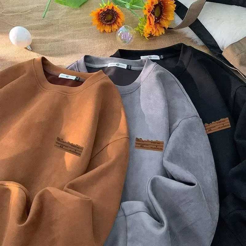 American Style Vintage Color Mens Chamois Leather Fleece Oversize Round Neck Pullover Sweatshirt Versatile Loose-fit HoodiesX240925