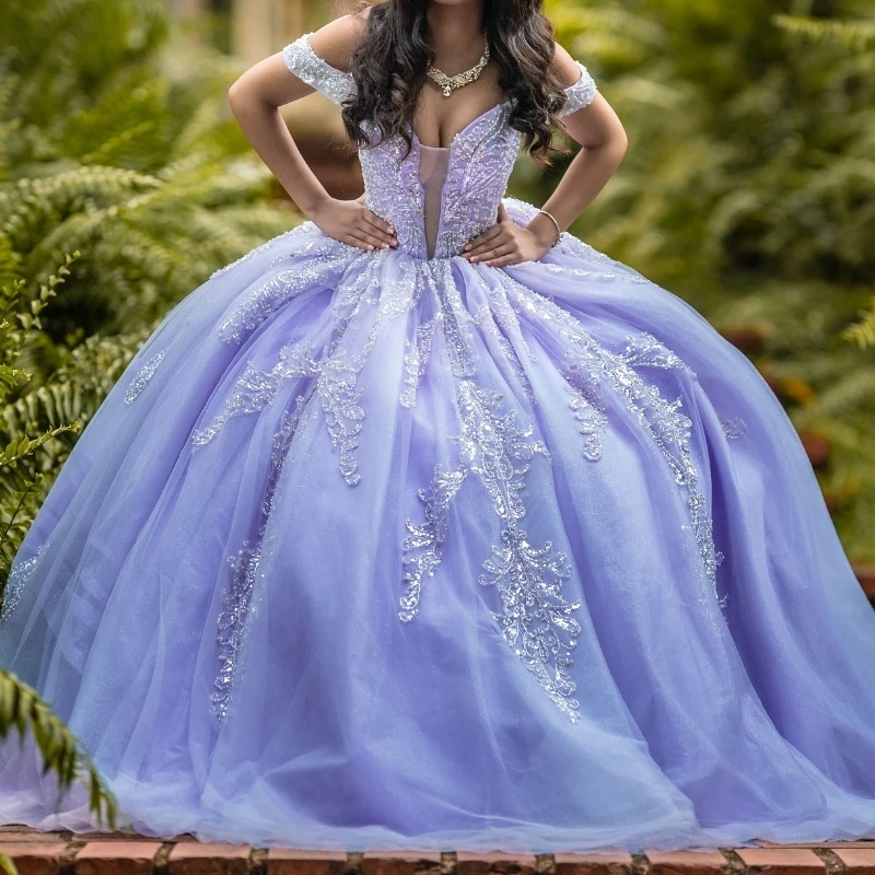 Lavender Gillter Princess Quinceanera Dresses Applique Lace Beads Crystal Tull Corset Lace-up Vestidos De 15 Anos Party Prom Sweet 16 Dress