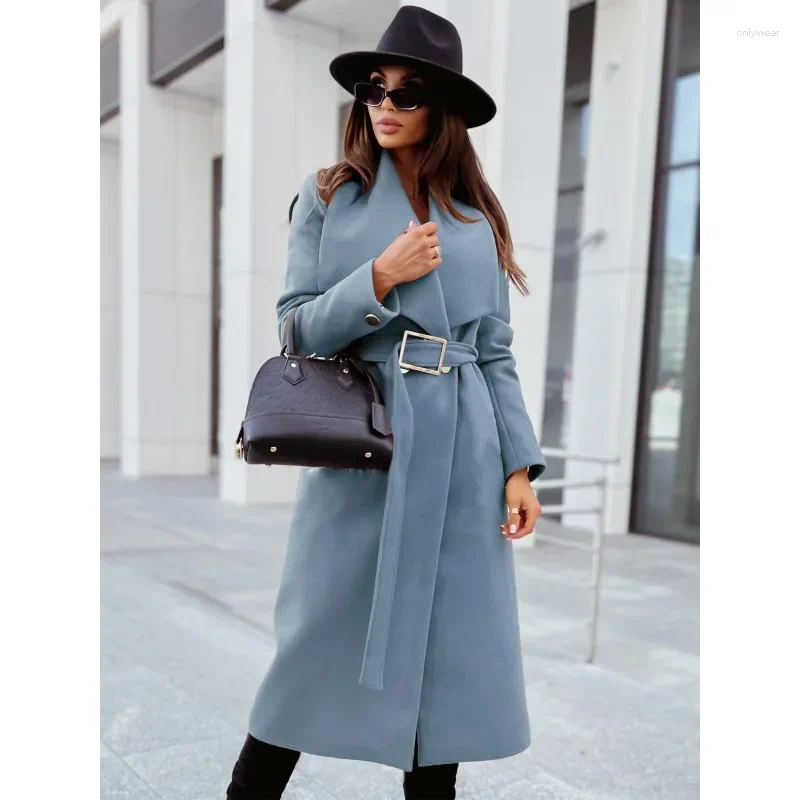 Women's Trench Coats S-2XL Size Windbreaker Coat Simple Solid Color Long Sleeved Button Fashion V-neck Belt Casual Wool