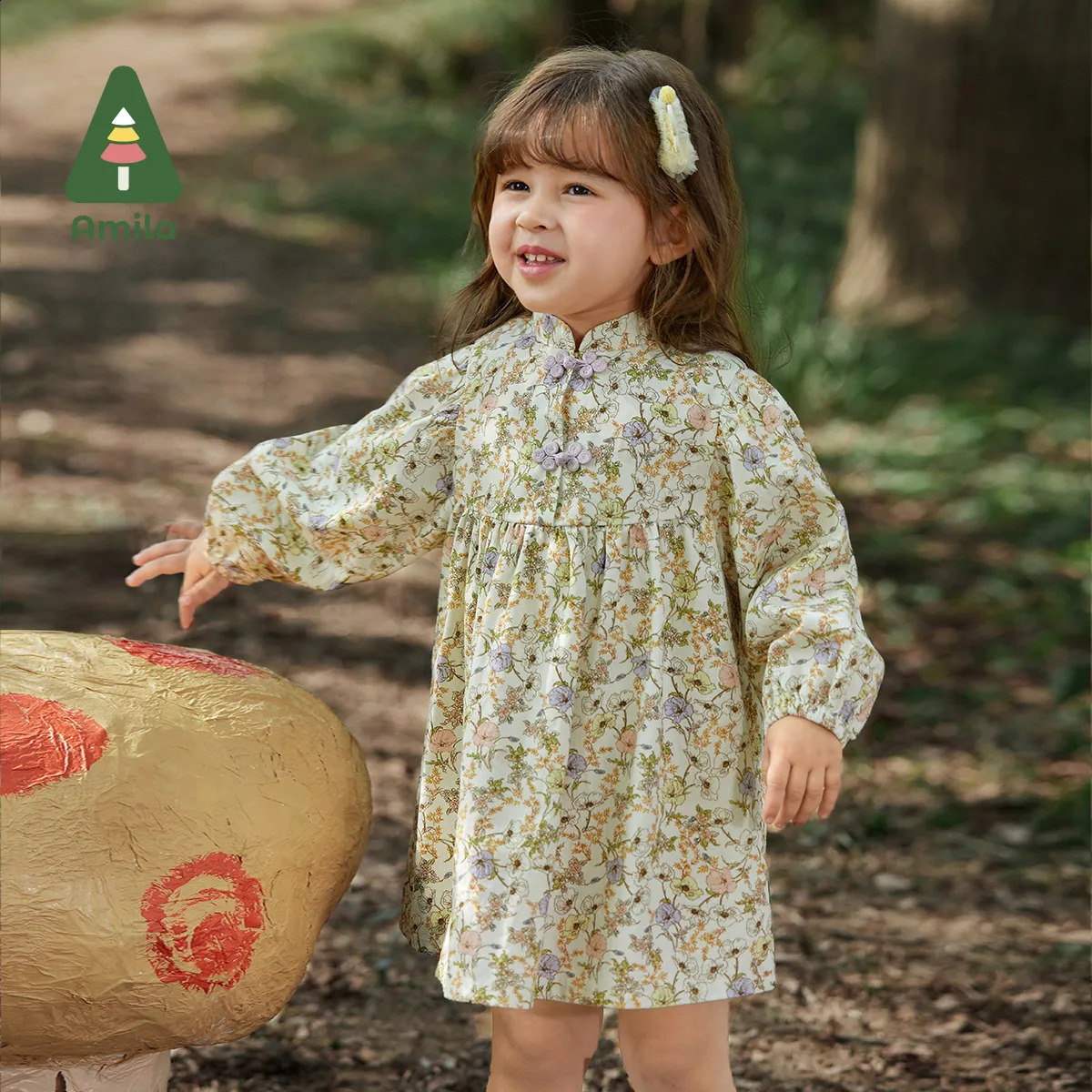 Amila Baby Girls Flowers Dress Spring Collection 100% Cotton Long Sleeve ALine Full Print Cute Childrens Clothing 240925