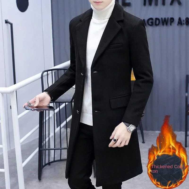 2023 New Woolen Coat Mens Autumn and Winter Windbreaker Mens Mid length Korean Slim Fit Woolen Coat Y240924