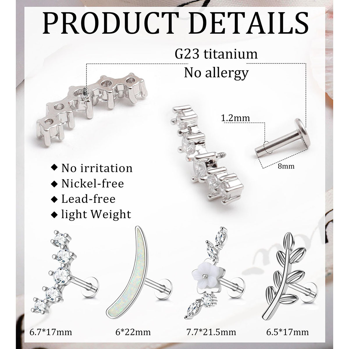 G23 Titanium Cartilage Earrings for Women 16G Pure Titanium Flat Back Stud for Sensitive Ear Cartilage Opal CZ Stud Earrings Internally Threaded Conch
