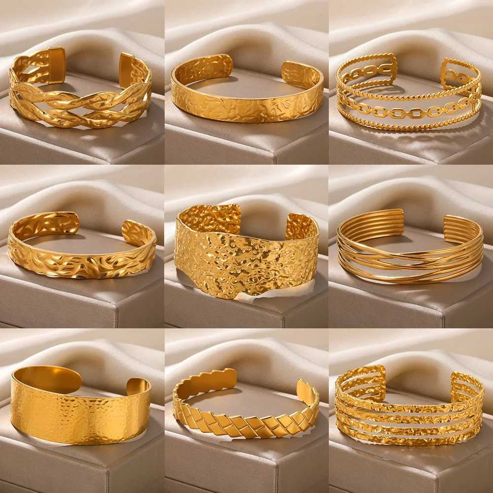 Double Twist Wide Bangles For Women Gold Color Stainless Steel Open Adjustable Cuff Bangle Fashion Jewelry GiftX240925