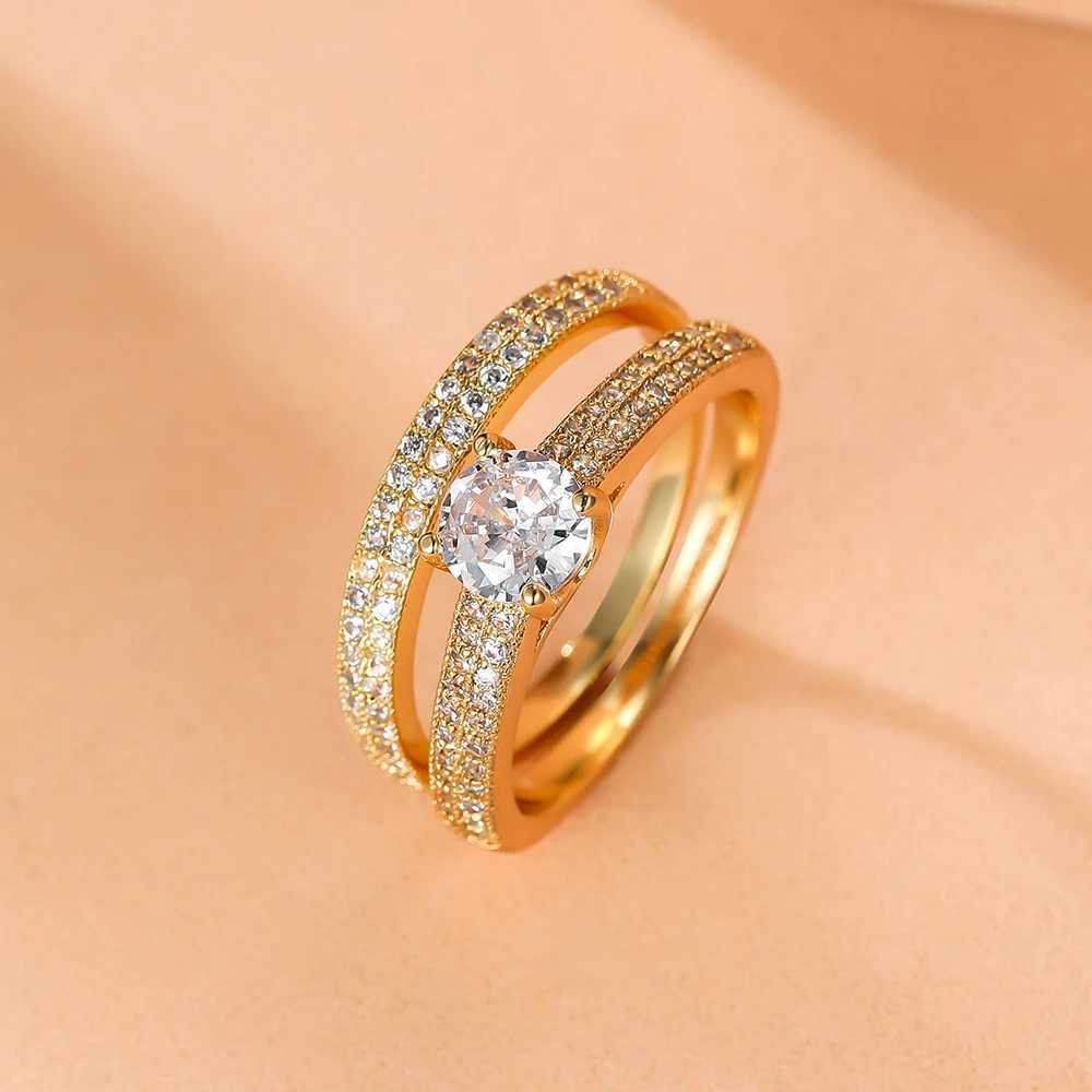 Luxury Bridal Set Round Stone Ring Female Black Gold White Zircon Wedding Ring Promise Engagement Ring Set Jewelry W240925