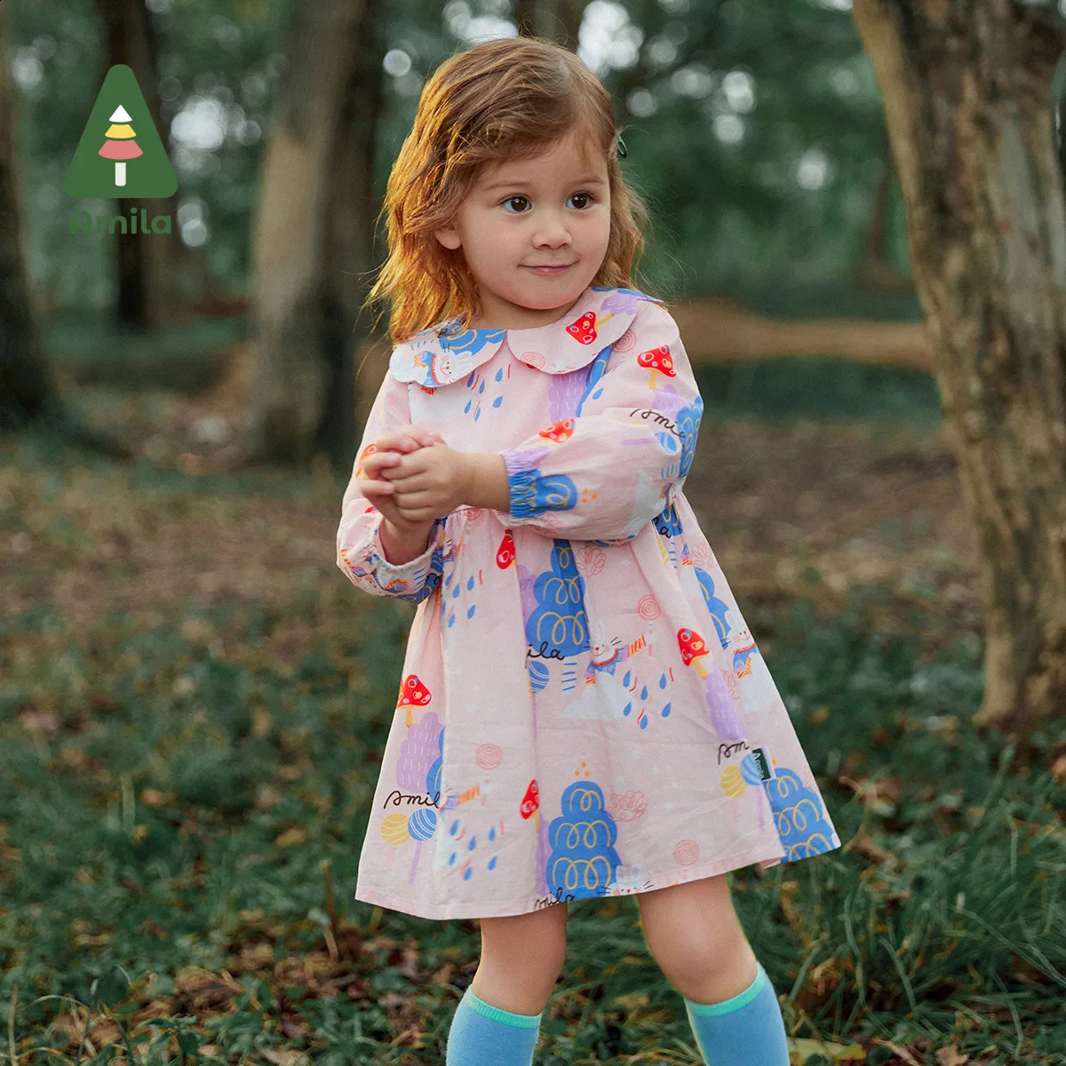 Amila Baby Girl Dress Spring Fashion Jointly Cute Full Print Rabbits 100% Cotton Pink Childrens Clothing 06 Year Old Girls 240925