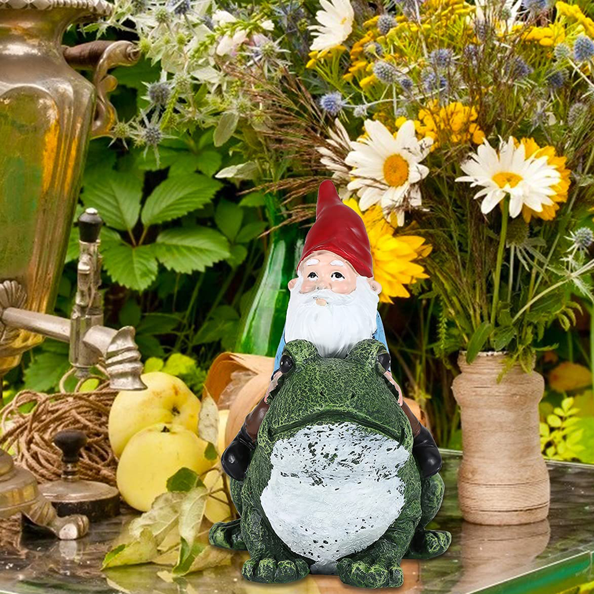 Gnome Riding Frog Statue Fairy Garden Decoration Funny Gnome Doll Gnome Resin Craft Statue