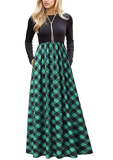 24 Spring Autumn Round Neck Splicing Color Contrasting Grid Pattern Fashion and Leisure Big Swing Long Dress Women's Wear