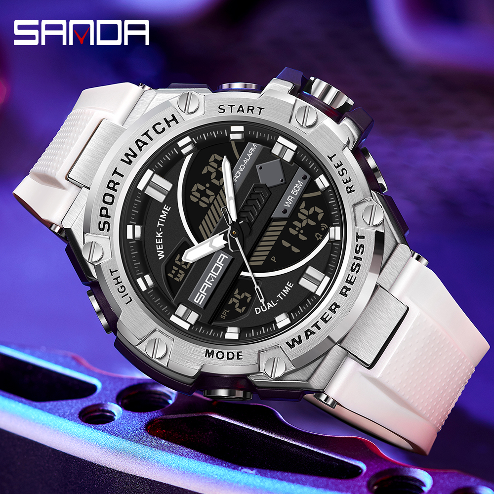 SANDA 3185 Men's New Rubber Strap Alarm Mode Waterproof and Shockproof Outdoor Sports Timing Watch