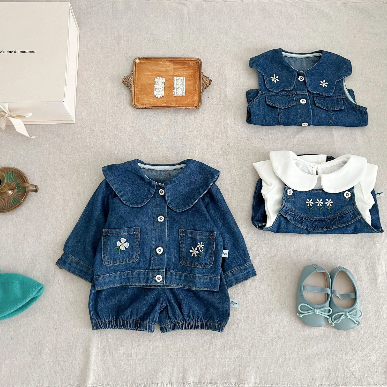 Korean autumn baby girl 3piece cotton long sleeved top denim jacket jumpsuit jeans set toddler 240925