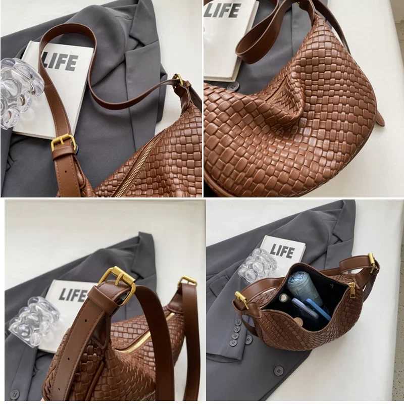 Female Large Capacity Handbag Women Shoulder Messenger Bag Graceful Soft PU Ladies Crossbody Bag Package Woven Grain Tote Bag Z240924