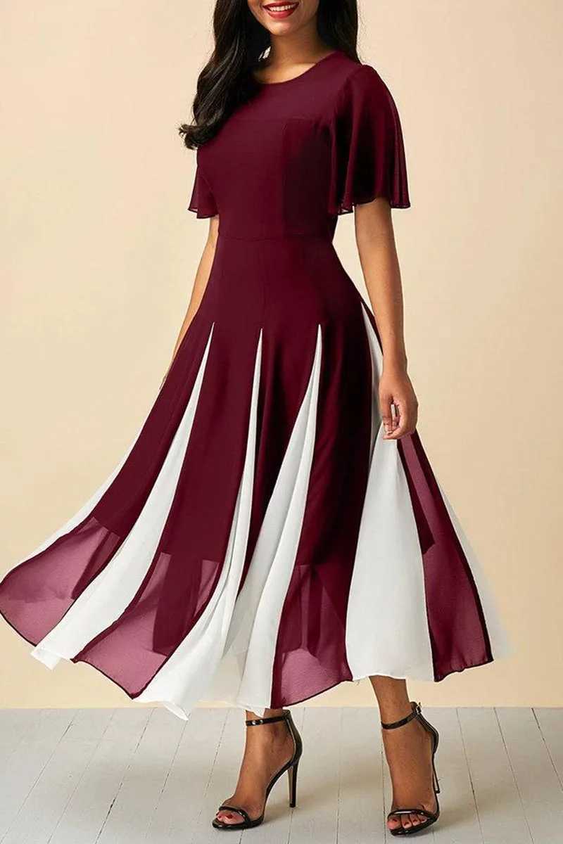 Plus Size Dress for Women Chiffon Patchwork Short Sleeve Casual Tunic Midi Dress Striped A-Line Round Neck Elegant Vintage Dress M240924