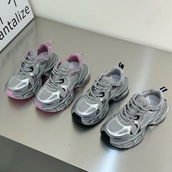 Soft leather breathable silver dad shoes, women's 2024 spring/summer lightweight thick soled sports shoes, trendy and versatile, height increasin