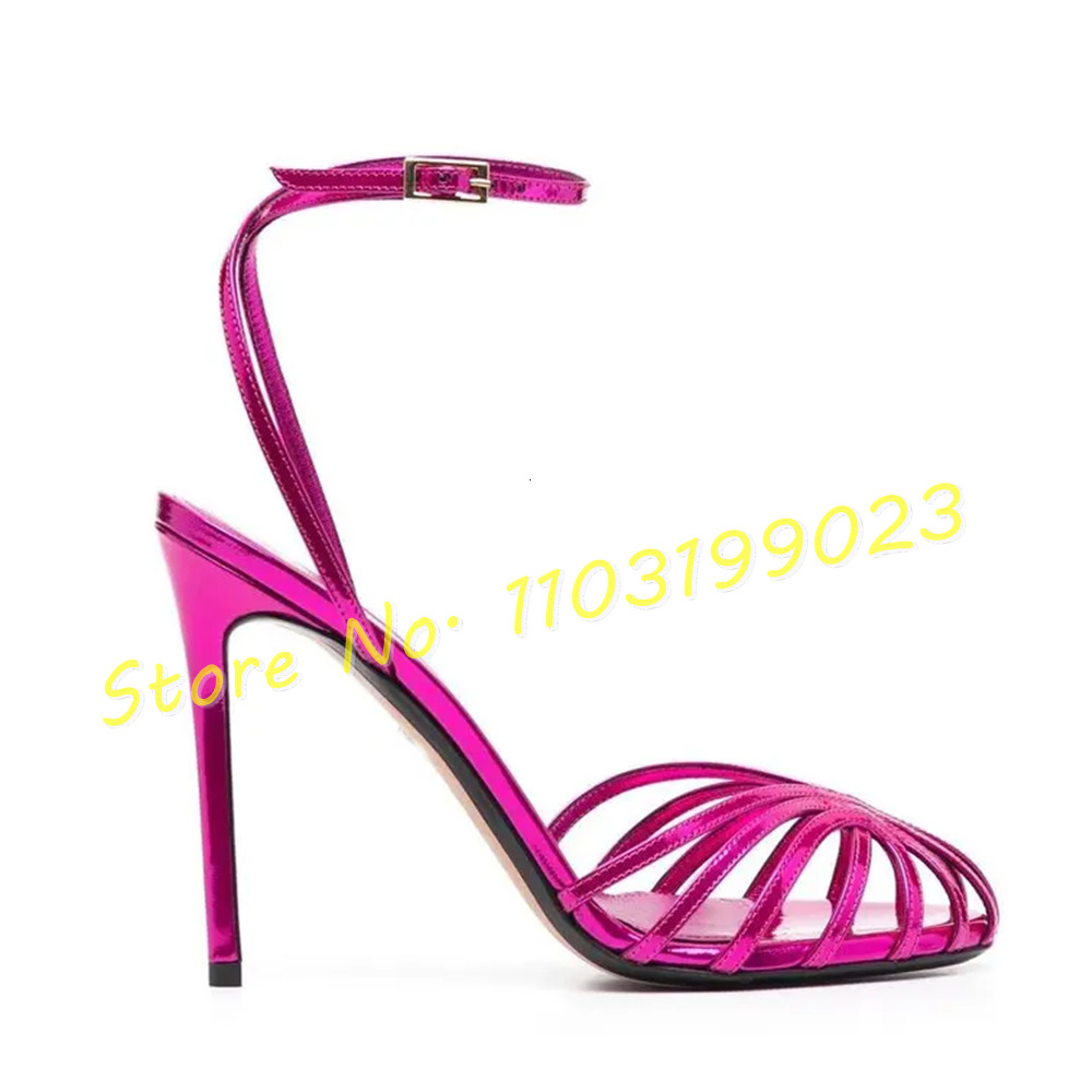 Cross High Heels Women Caged Round Toe Ankle Strap Shoes Female Party Shiny Leather Sexy Elegant Sandals
