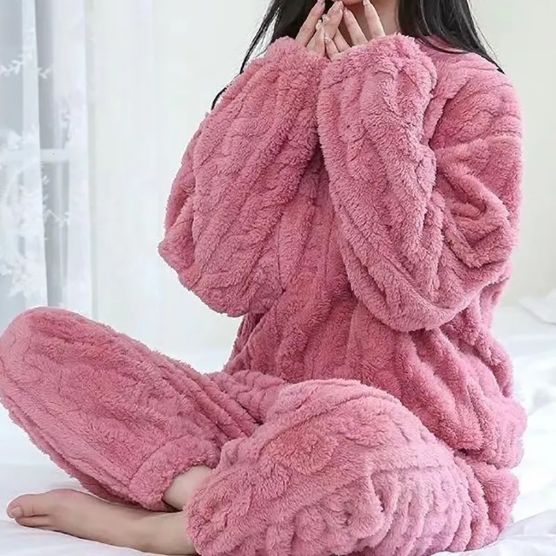 Autumn Solid Warm 2 Piece Thicken Veet Ribbed Fleece Set Pullover And Pants Women Casual Pama Sets 2023
