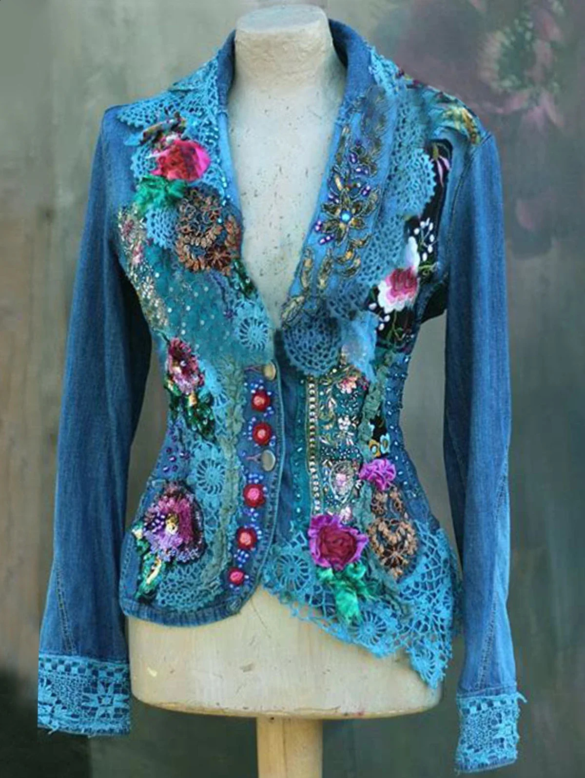 Contrast Chic Buttons Jacket Womens Retro Patchwork Guipure Lace Bow n Asymmetric Loose Long Sleeve Top 240924