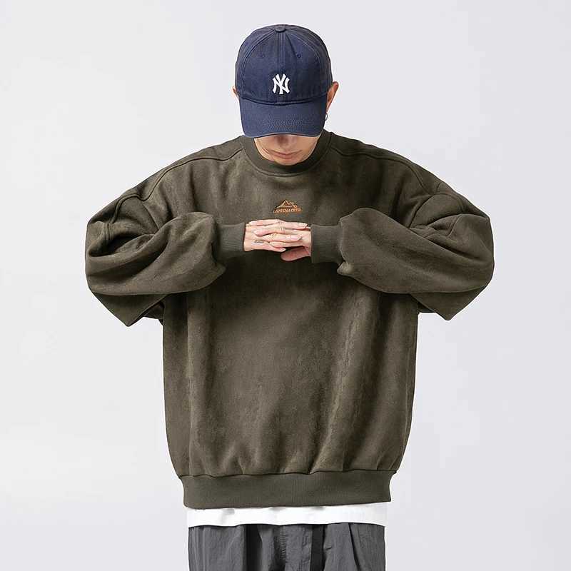 350g Suede Round Neck Sweatshirt for Men Spring New Japanese Style Heavyweight Branded Loose Fit Embroidered Top OuterwearX240925