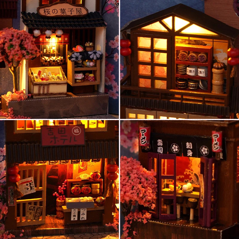 Japanese Retro DIY Wooden Book Nook Shelf Insert Miniature Building Kits Sakura Alley Home Bookend Decor Adult Handmade Gifts 240913