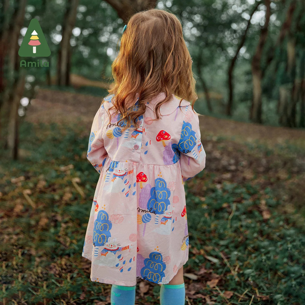 Amila Baby Girl Dress Spring Fashion Jointly Cute Full Print Rabbits 100% Cotton Pink Childrens Clothing 06 Year Old Girls 240925