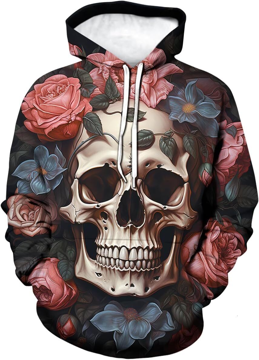 Hoodie for Mens Womens Retro Psychedelic Floral Skull Print Hoodies 3D Printing Skeleton Sweatshirts Pullover Graphic Hoodies sweatshirt