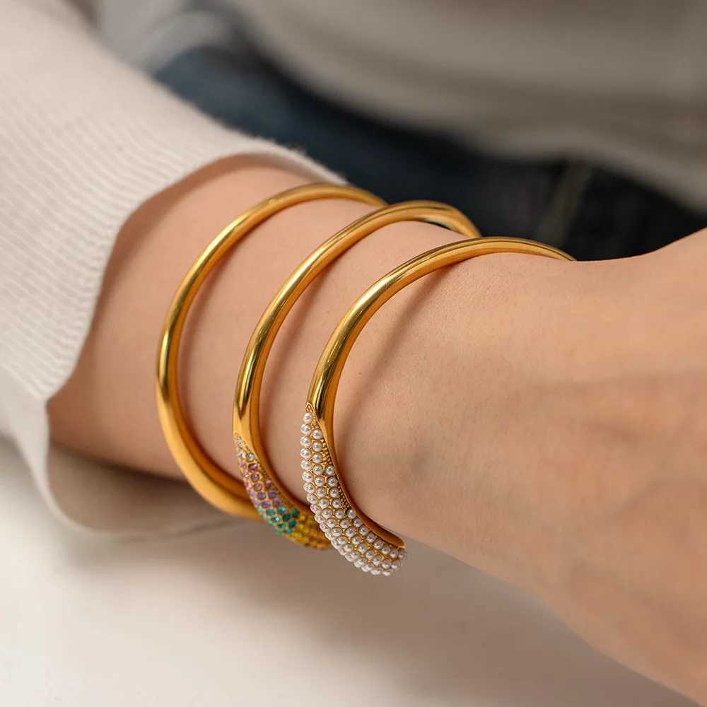 RAKOL Stainless Steel Cuff Open Bangles Womens Waterproof Metal Texture Glossy Gold Plated Tarnish Proof Bracelet Party JewelryX240925
