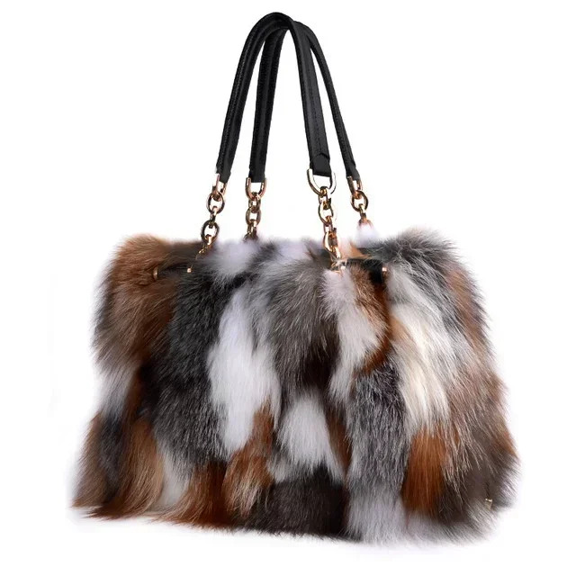 Real Fox Fur Women Tote Shoulder Winter Evening Party Bag Ladies Purses And Handbags