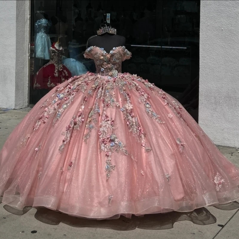 Pink Shiny Quinceanera Dresses Ball Gown Off The Shoulder Applique Lace Beads Tull Sequins Bridal Sweet 16 Vestidos 15 De Anos