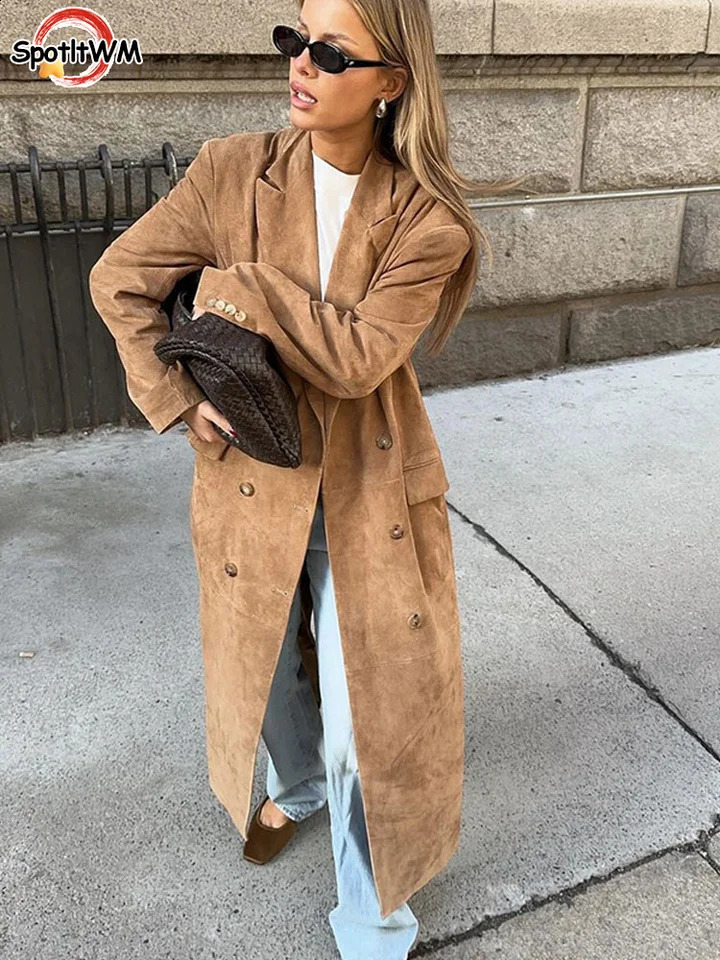 2024 Fall Fashion Lapel Long Windbreaker Jacket Casual Suede Leather Womens Trench Coat Oversize Autumn High Street Outerwear 240925