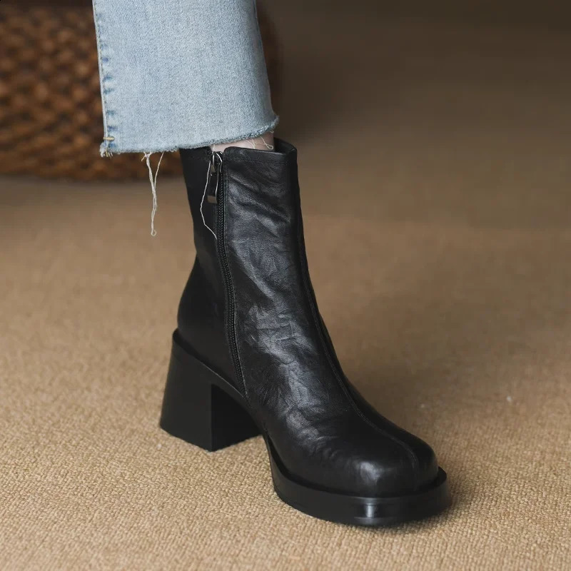 Platform Boots Square Heel Street Style Winter Shoes Womens Toe Denim Casual Spring and Autumn Side Zipper 241028