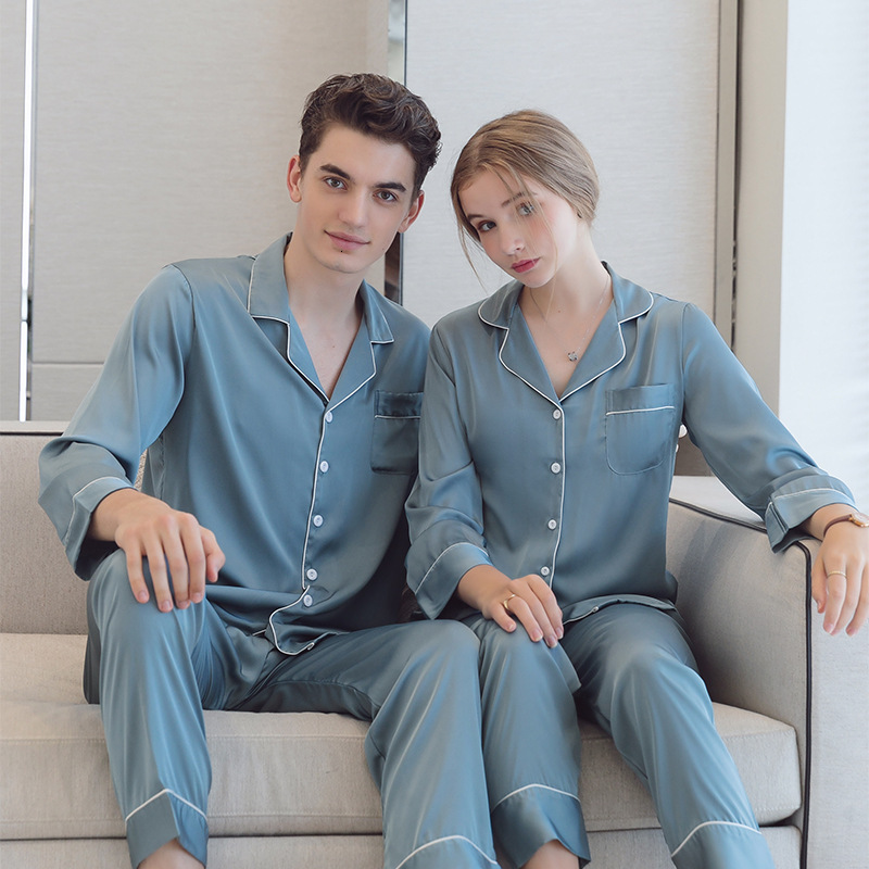 Ice Silk Couple Pamas Men Women Summer Long Short Sleeve Cardigan Lapel Suit Thin SatinPlus Size Home Cloth Nightwear Male
