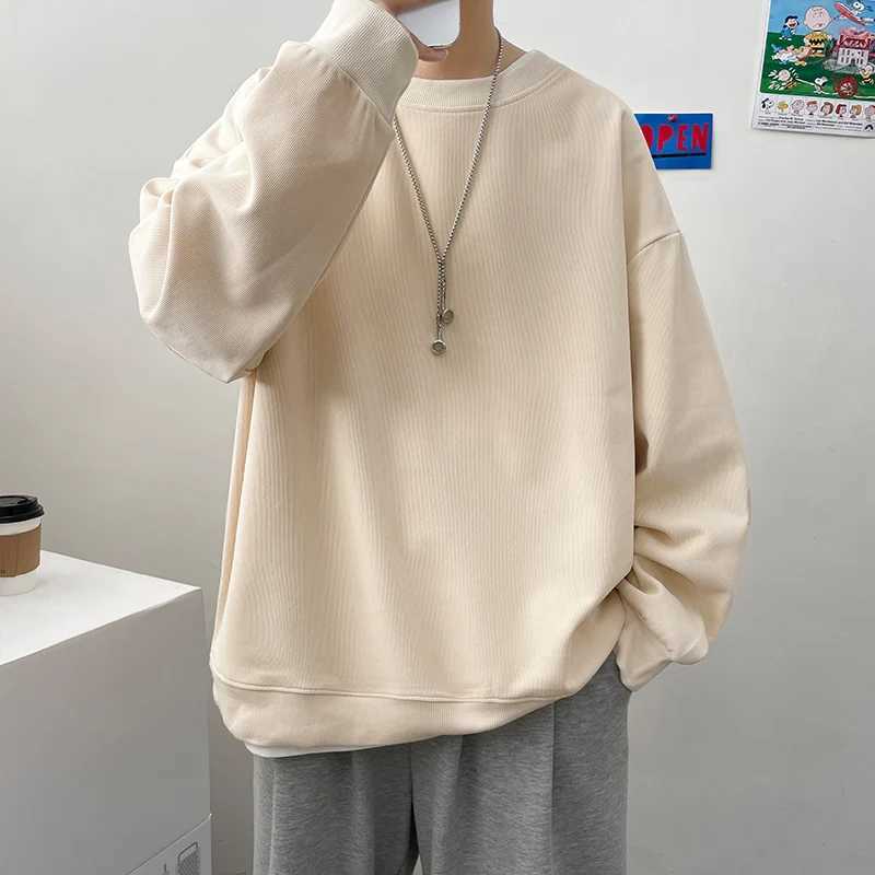 Simple Design Round Neck Sweatshirt Men Loose Streetwear Pullover Male Hoodies Black Beige PinkX240925