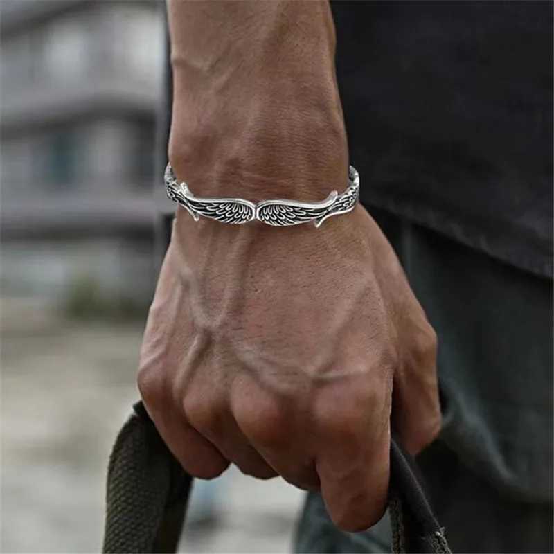 Vintage Tibetan Silver Retro Creative Design Angel Wings Open Bangle Bracelets for Men Women Cool Party Biker Jewelry sl467X240925