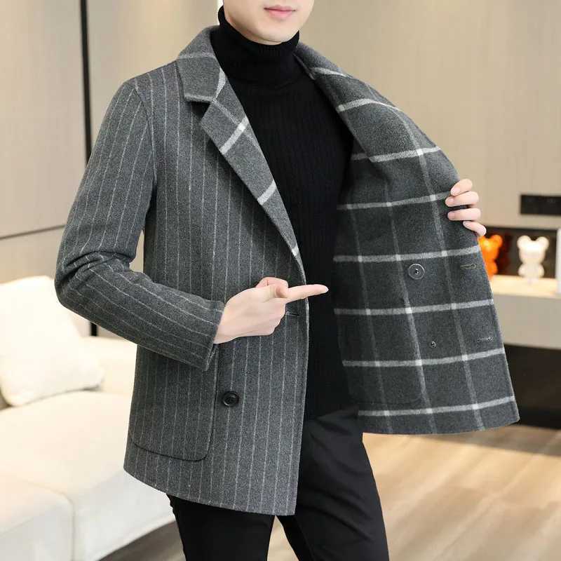 Double-sided Striped Plaid Coat Mens 2024 Autumn/winter New Fashion Handsome Double-breasted Suit Collar Short Woolen Coat Y240924