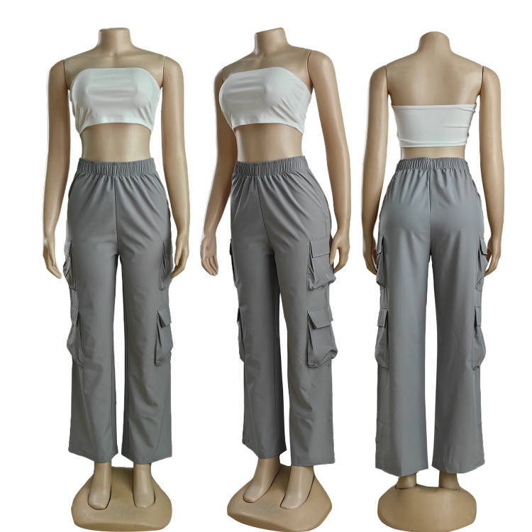 Pockets Cargo Women Casual Elastic Waist Wide Leg Pants Trousers Free Ship Z260314