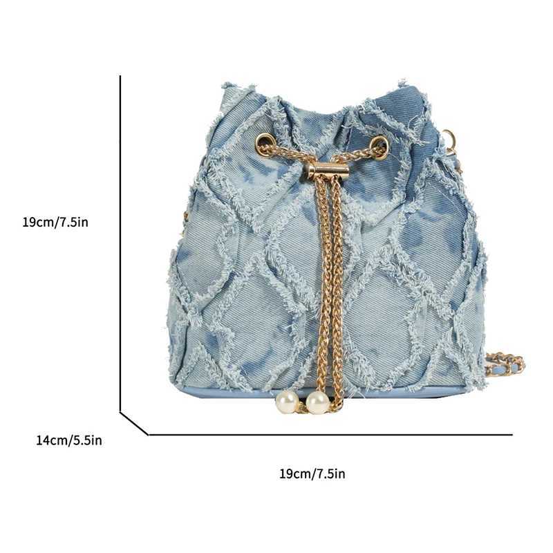 Denim Bucket Crossbody Bags for Women Chains Shoulder Strap Pearl String Designer Bags Luxury Solid Color Casual Fashion Purse M240925