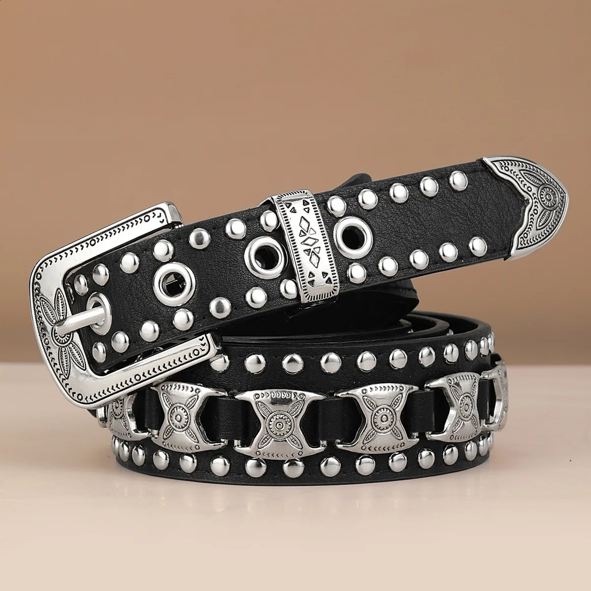 Maikun mens European and American punk with fashionable womens rivet wide waist crossover jeans unisex style 240921