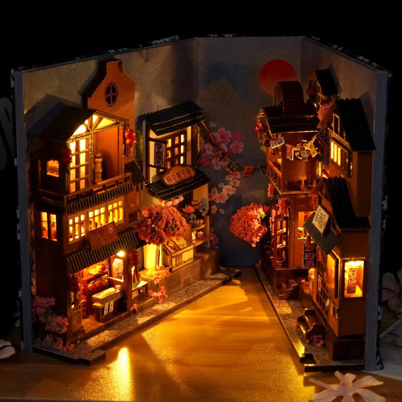 Japanese Retro DIY Wooden Book Nook Shelf Insert Miniature Building Kits Sakura Alley Home Bookend Decor Adult Handmade Gifts 240913