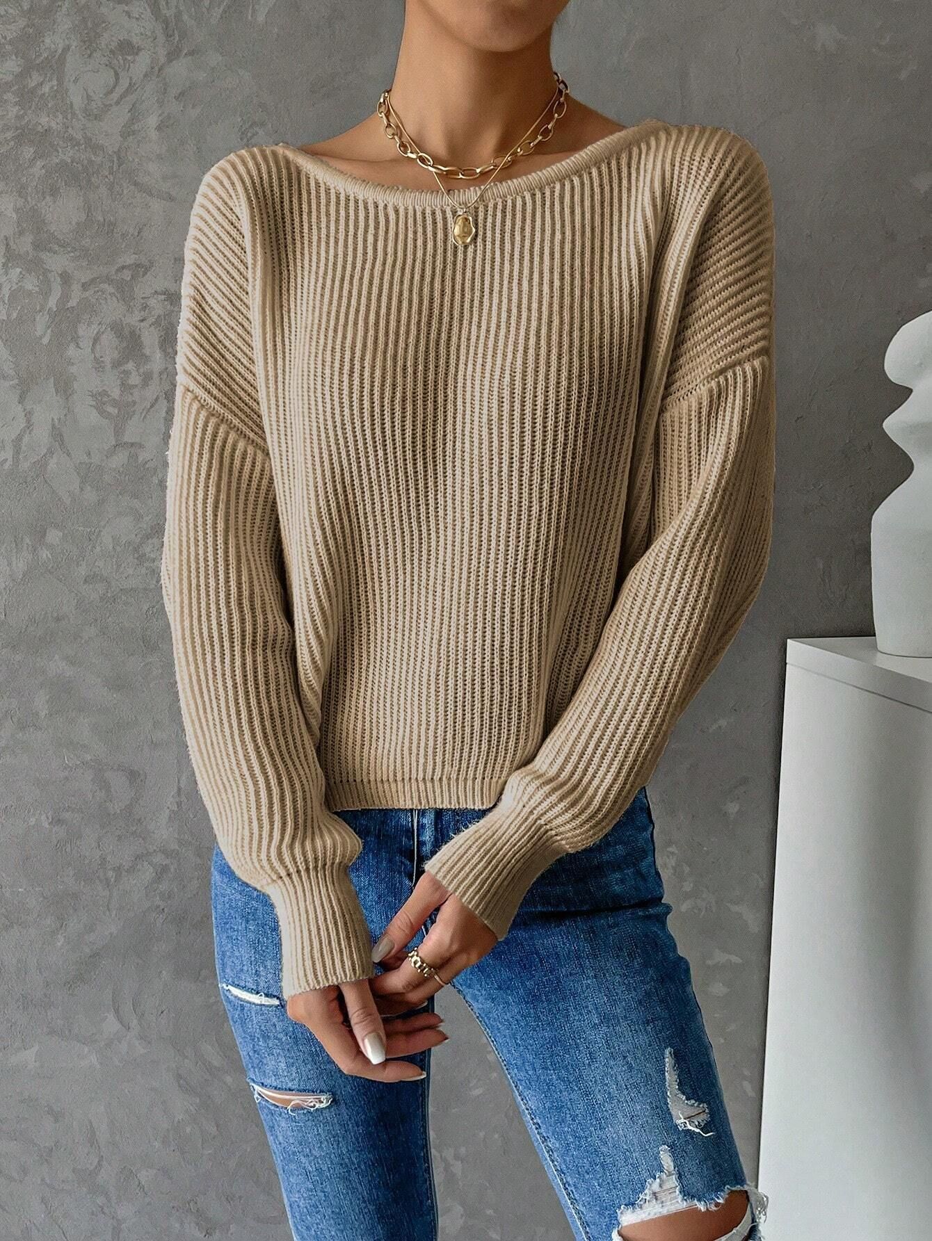 Women's Long Sleeve Backless Sweater - Casual Round Neck Solid Color Knit Top For Fall & Winter