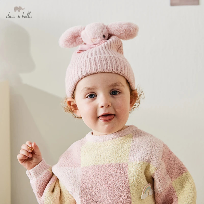 Dave Bella Baby Hat Cute Pink Winter Warm Knitted Childrens Solid Elastic 240925