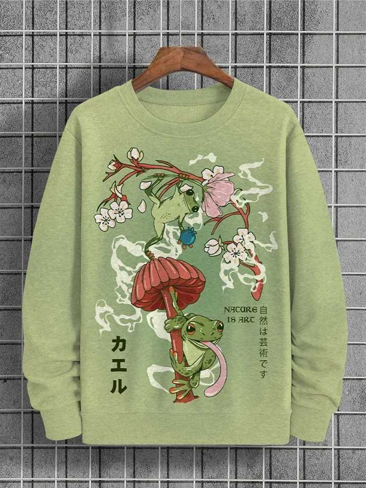 2024 Fashion New Mens Long Sleeve Tops Japanese Country Core Art Frog Floral Print Casual Round Neck Sweater Large SizeX240925