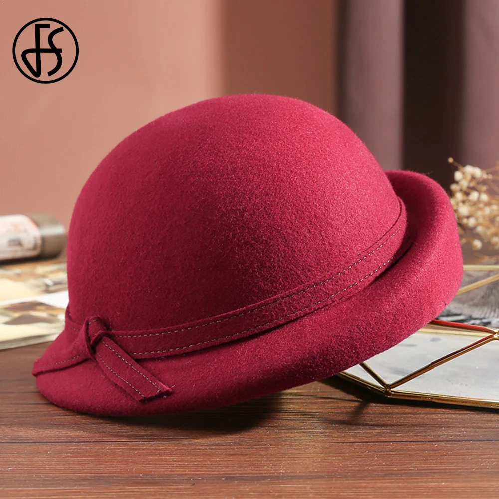 FS British Fashion Elegant Womens Wedding Party Top Hat Winter Hat Knitted Edge Beret Womens Retro Cork Wool Felt Fedoras 240921
